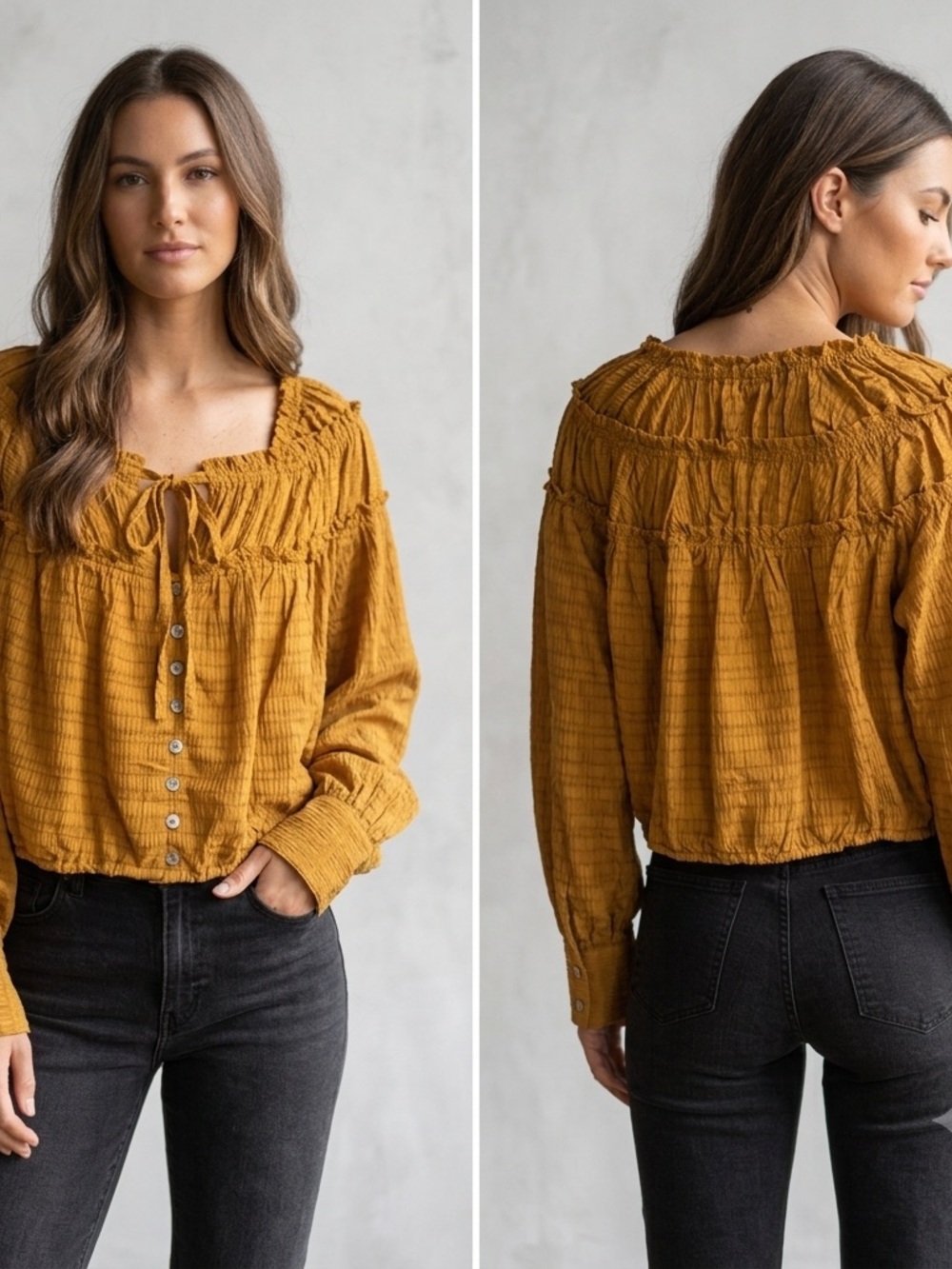 Free People Mustard Textured Smocked Button-Front Peasant Top